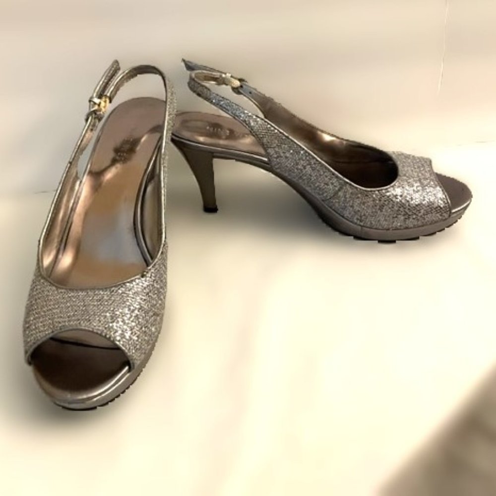 NINE WEST KAROO PLATFORM - SILVER - 3.5" SLING BACK - SIZE 7.5M